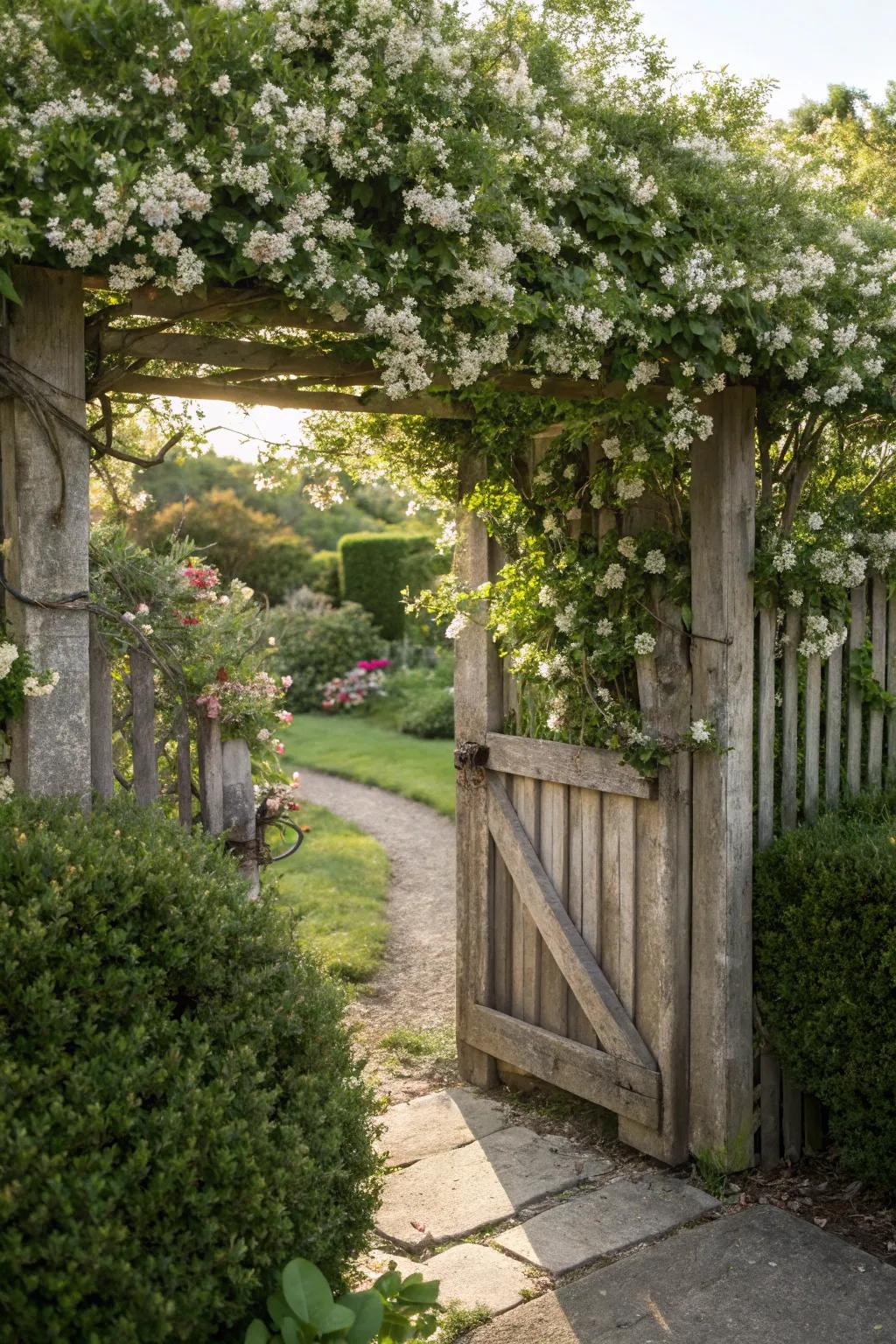 A garden gate enveloped in fragrant jasmine vines.