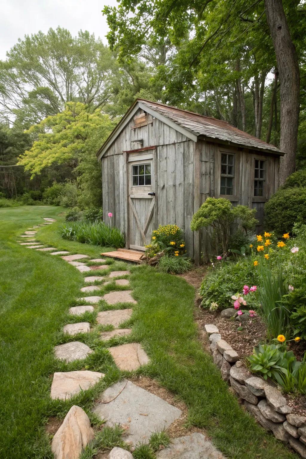 Stone paths create a natural flow to this charming rustic shed.