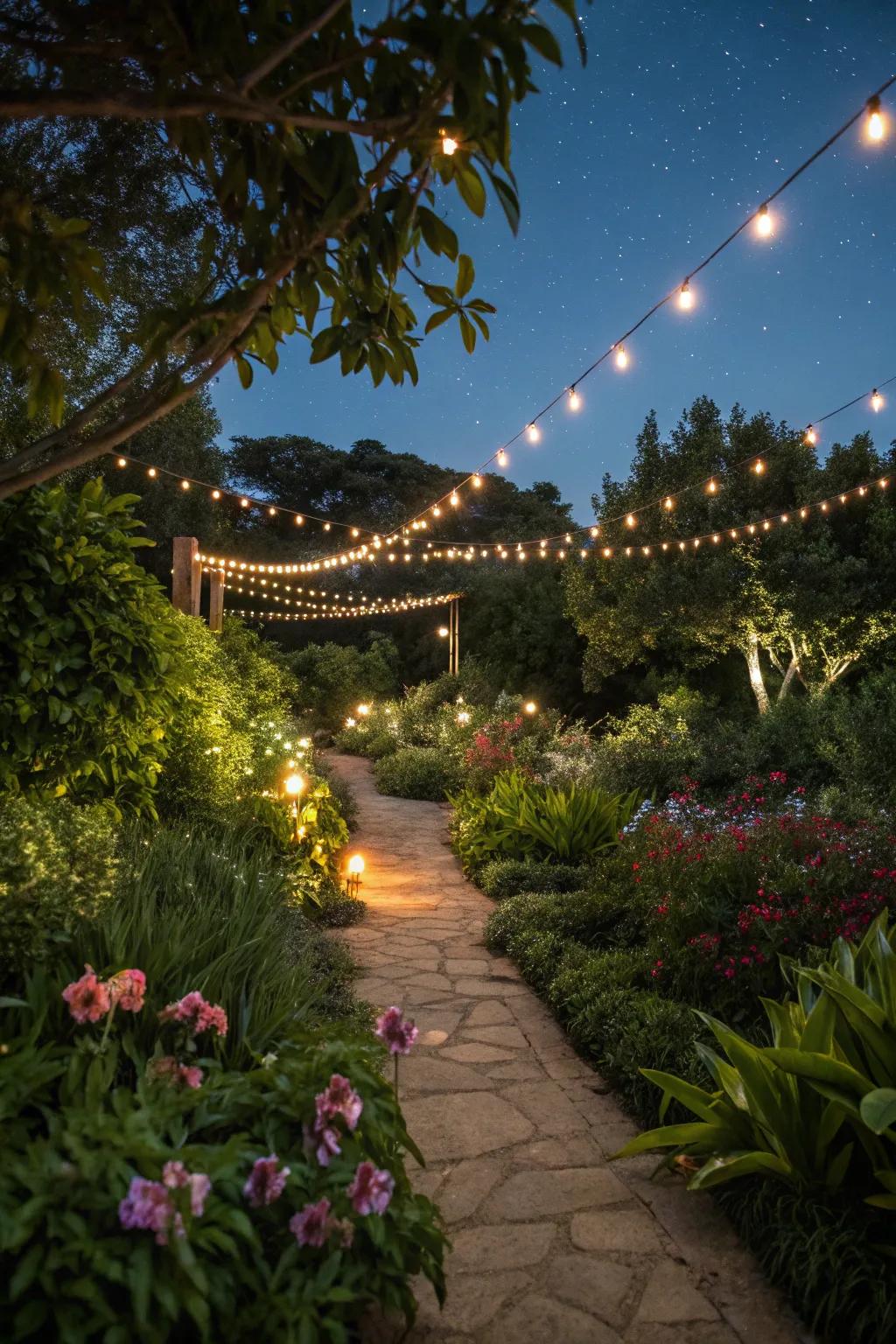 Subtle lighting enhances the evening ambiance in a rustic garden.