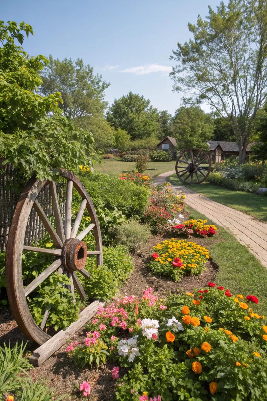 Wagon wheels provide a timeless rustic charm.