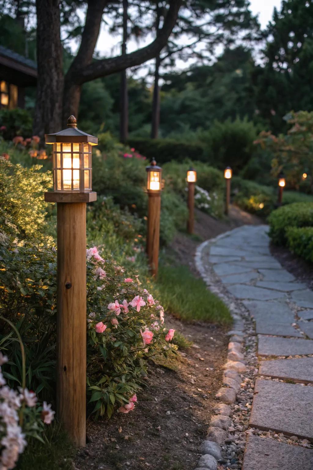 Wooden post lights seamlessly blending with garden paths.