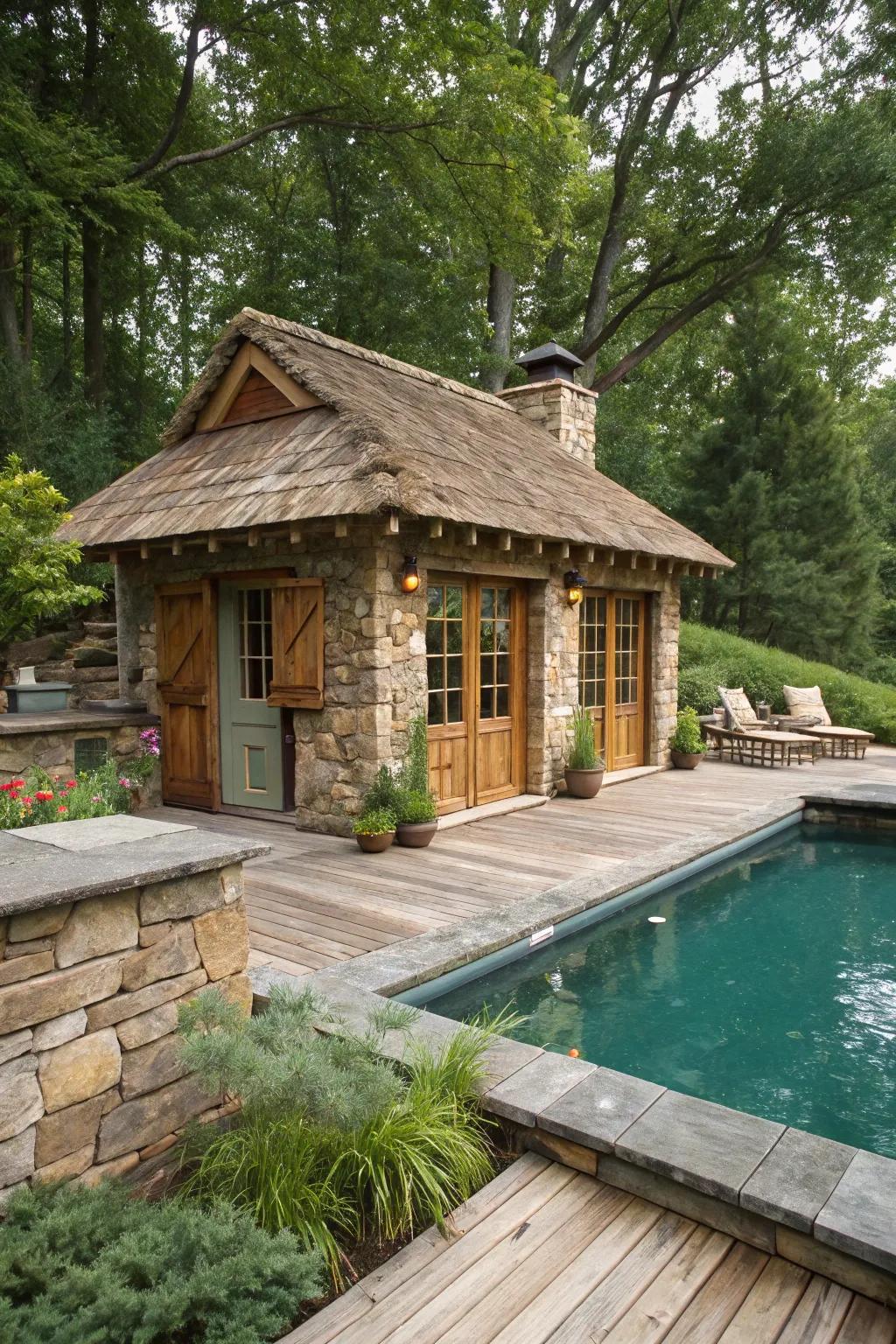 Stone elements complete the rustic design.