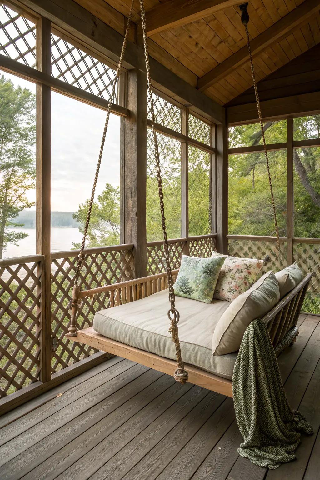 A porch swing adds playful relaxation.