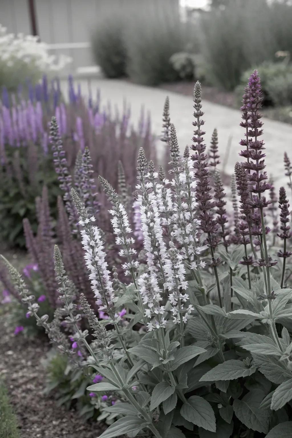 A monochrome garden with various shades of salvia for a cohesive look.