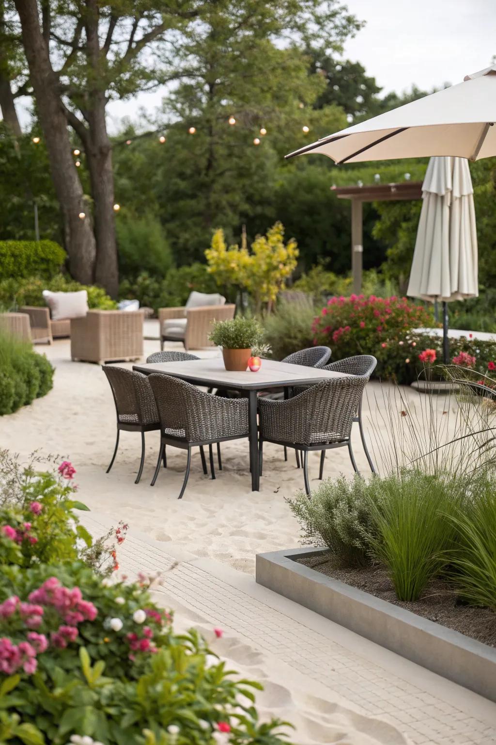 Host gatherings on an elegant sand patio.