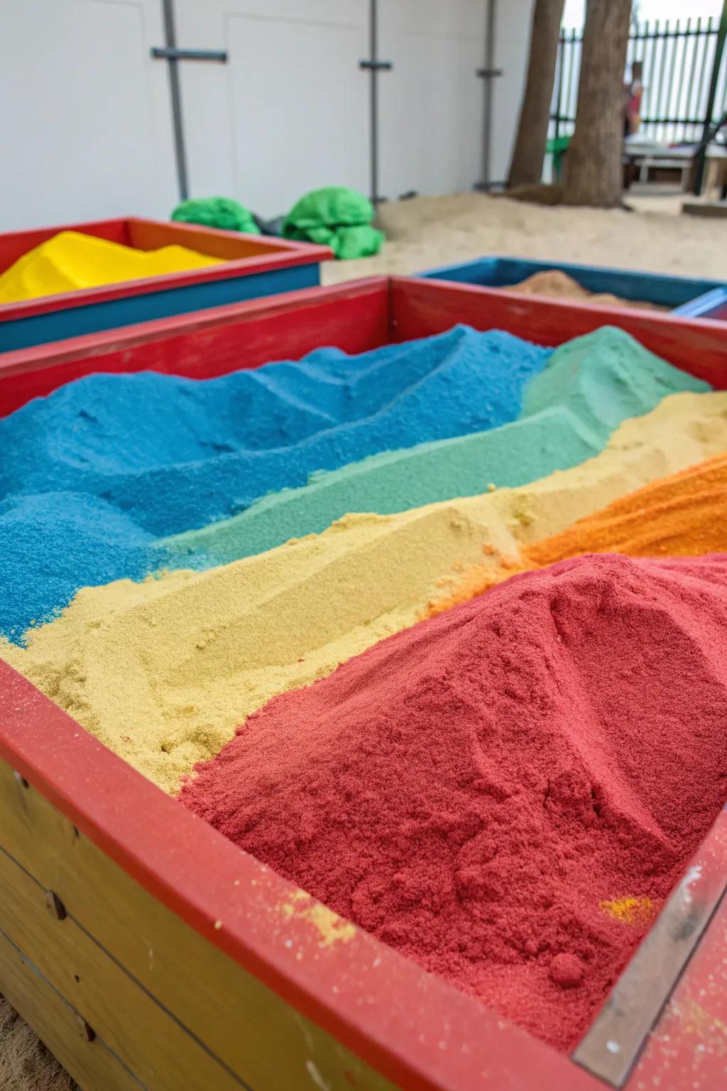 A sand pit filled with vibrant, colorful sand.