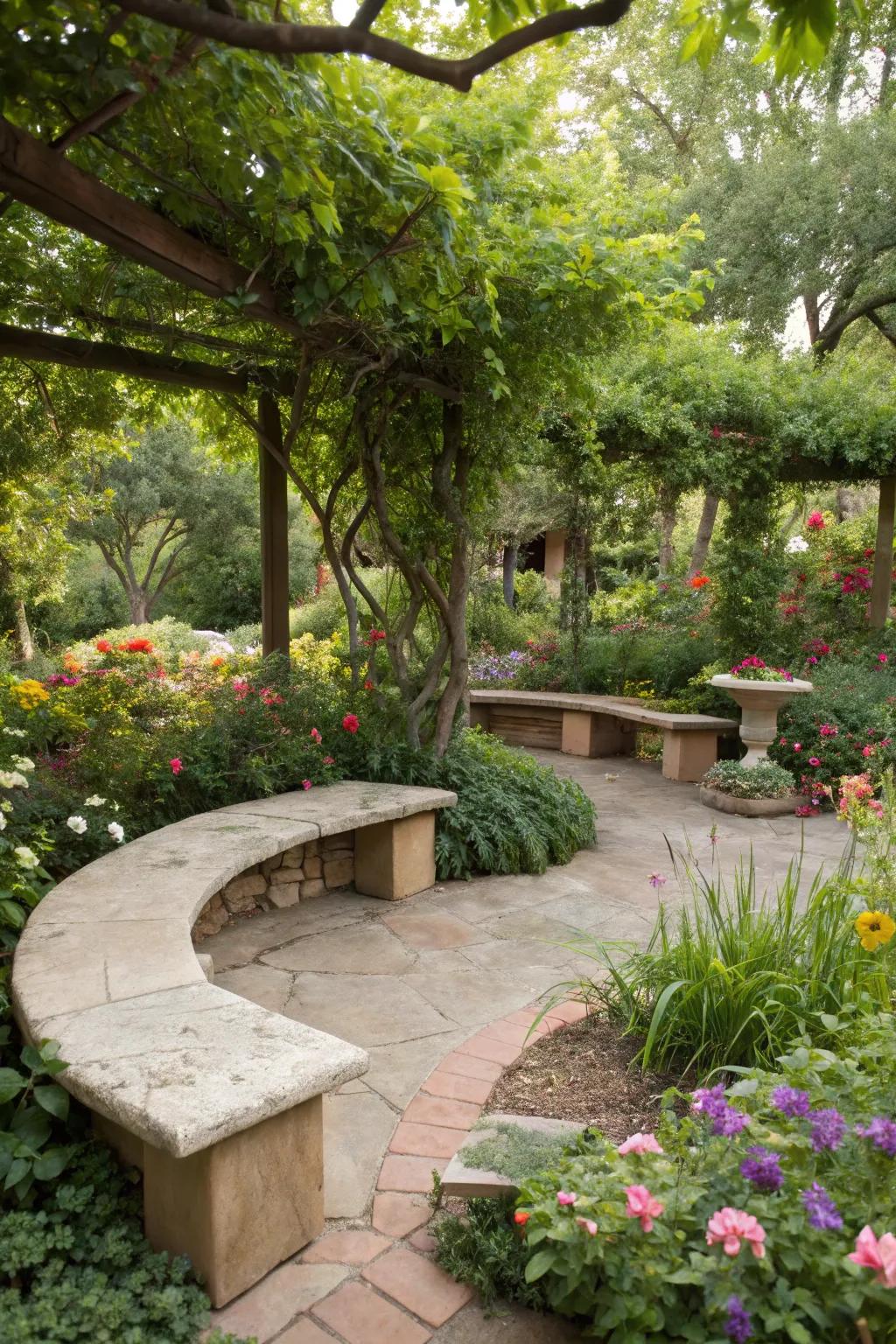A charming sandstone seating area in the garden.
