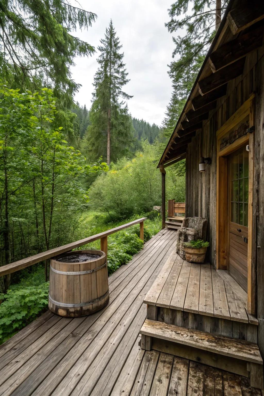 Rustic design elements bring a cozy cabin feel to your sauna deck.