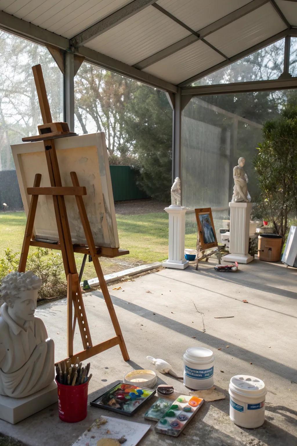 An inspiring art studio in a screened carport.