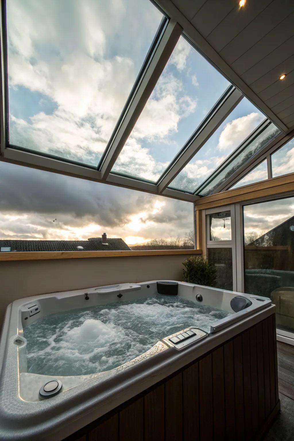 A hot tub bathed in natural light from an overhead skylight.