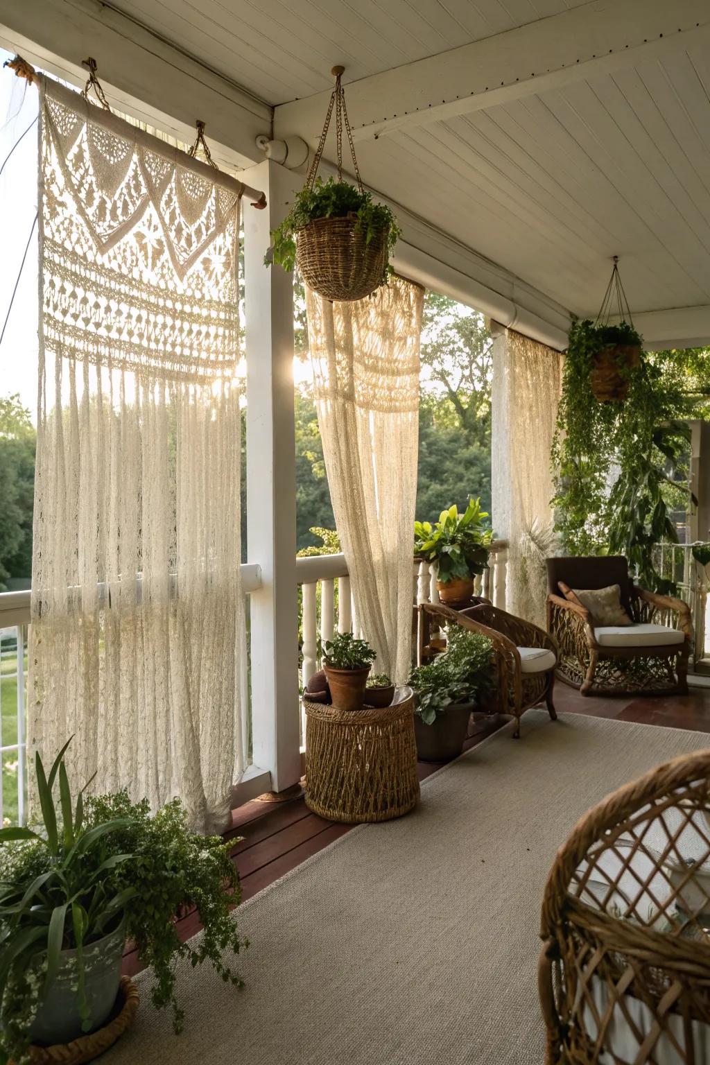 Macrame curtains bring a bohemian touch to your porch.