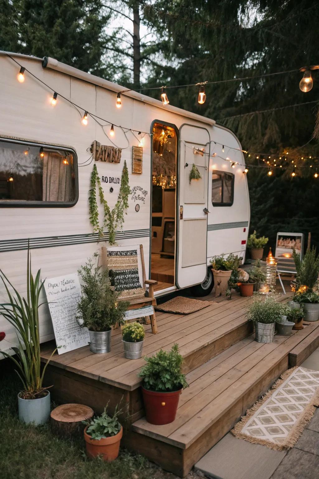 A camper deck showcasing personal decorations and unique elements.