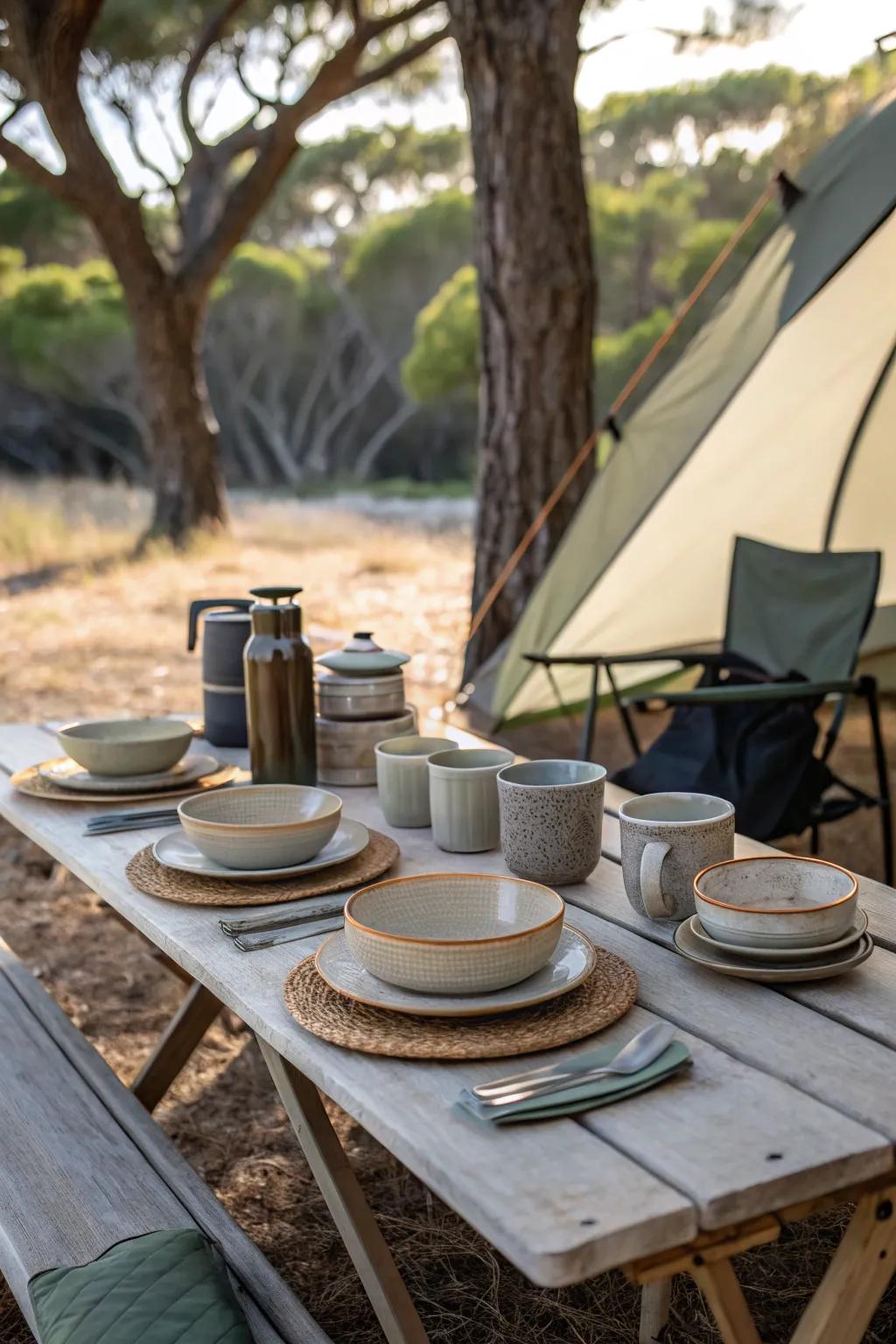 A campsite dining area with stylish, durable dinnerware.