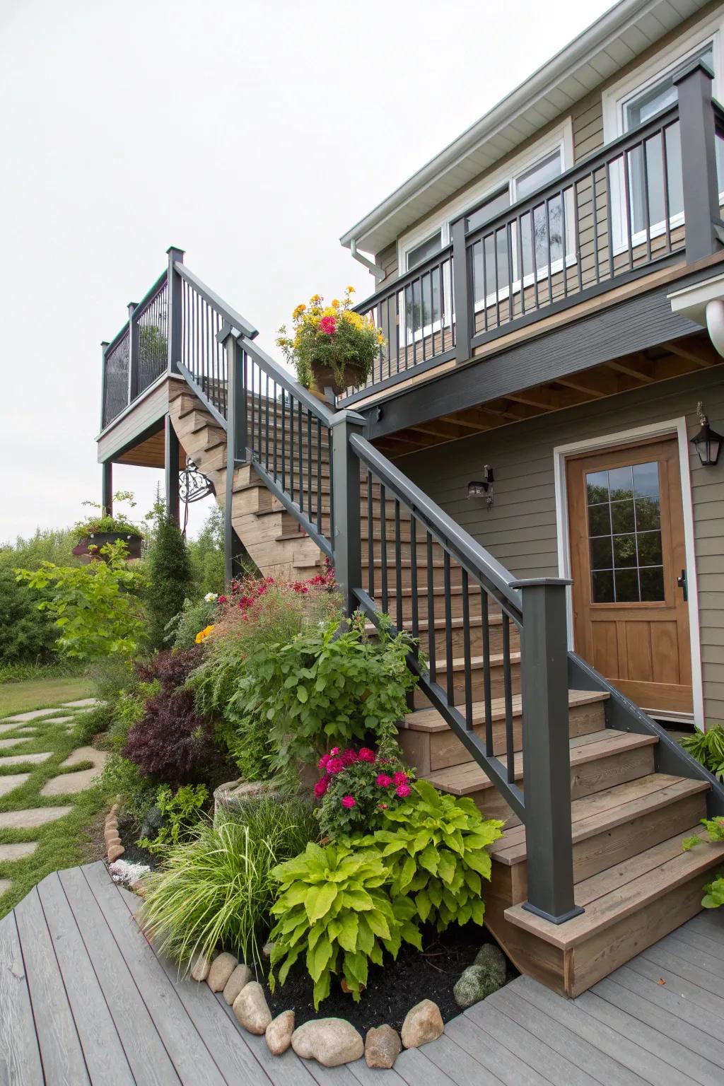 A second-story deck with a mid-landing adorned with potted plants on the stairs.