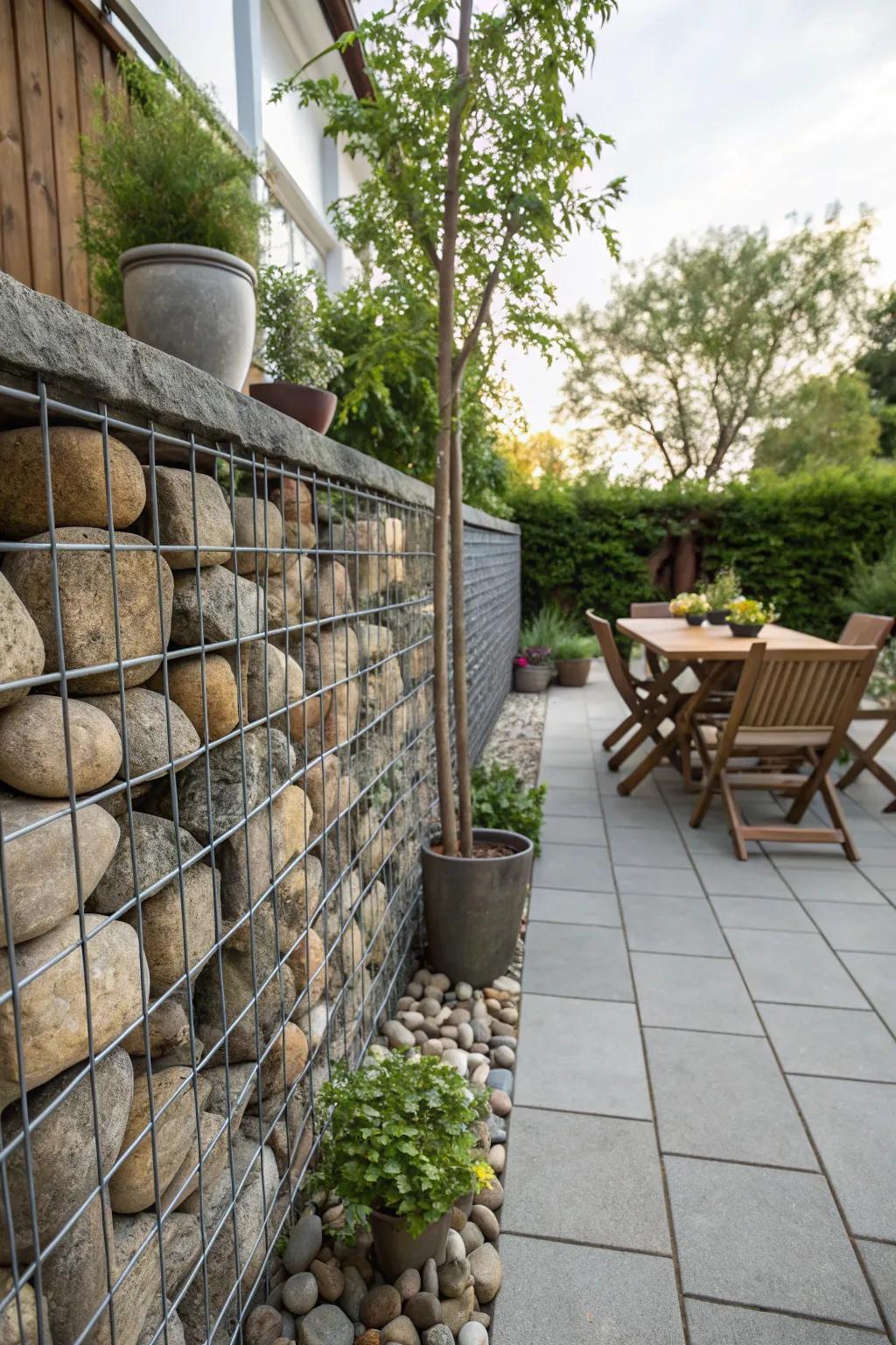 Gabion walls offering a unique and sturdy fencing solution.