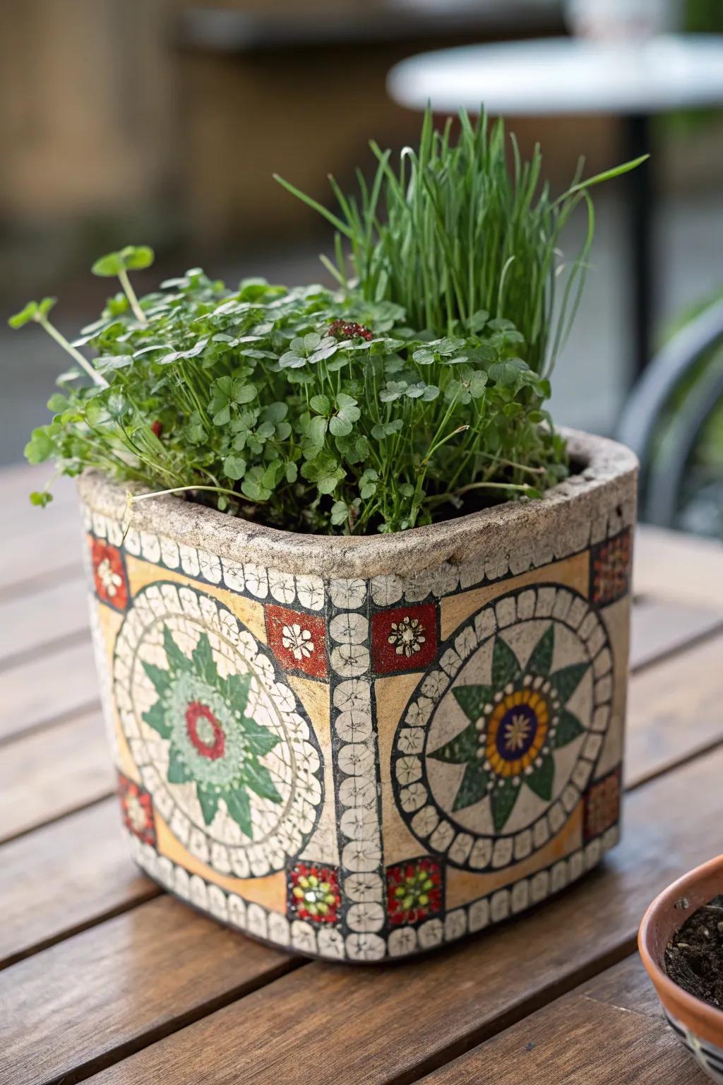Seed mosaic planters that turn ordinary pots into art pieces.
