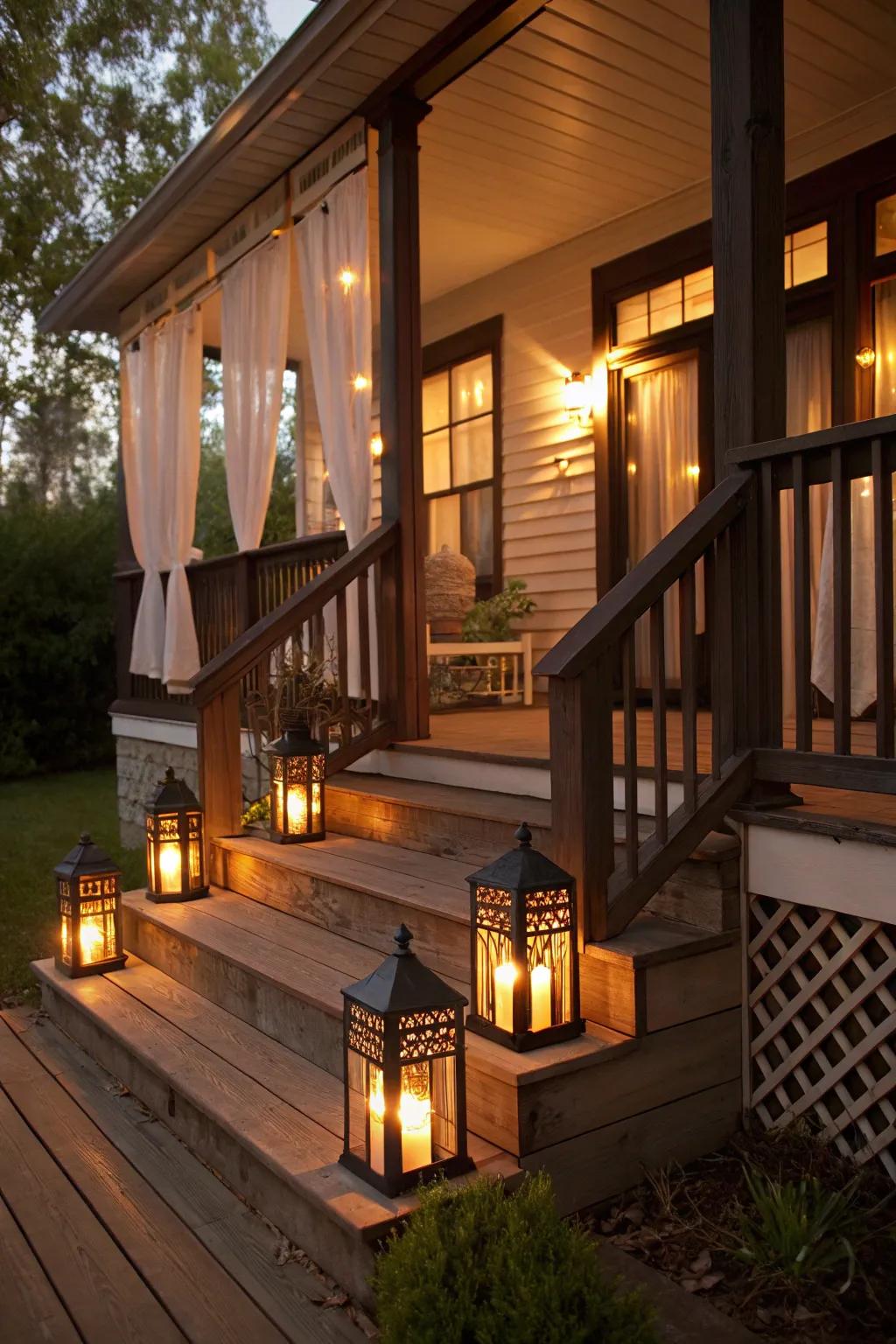 Lanterns enhance the ambiance of a shabby chic porch.