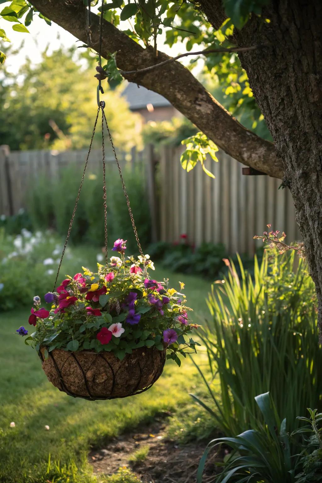 Elegant torenia blooms cascading from a hanging basket in a shaded garden.