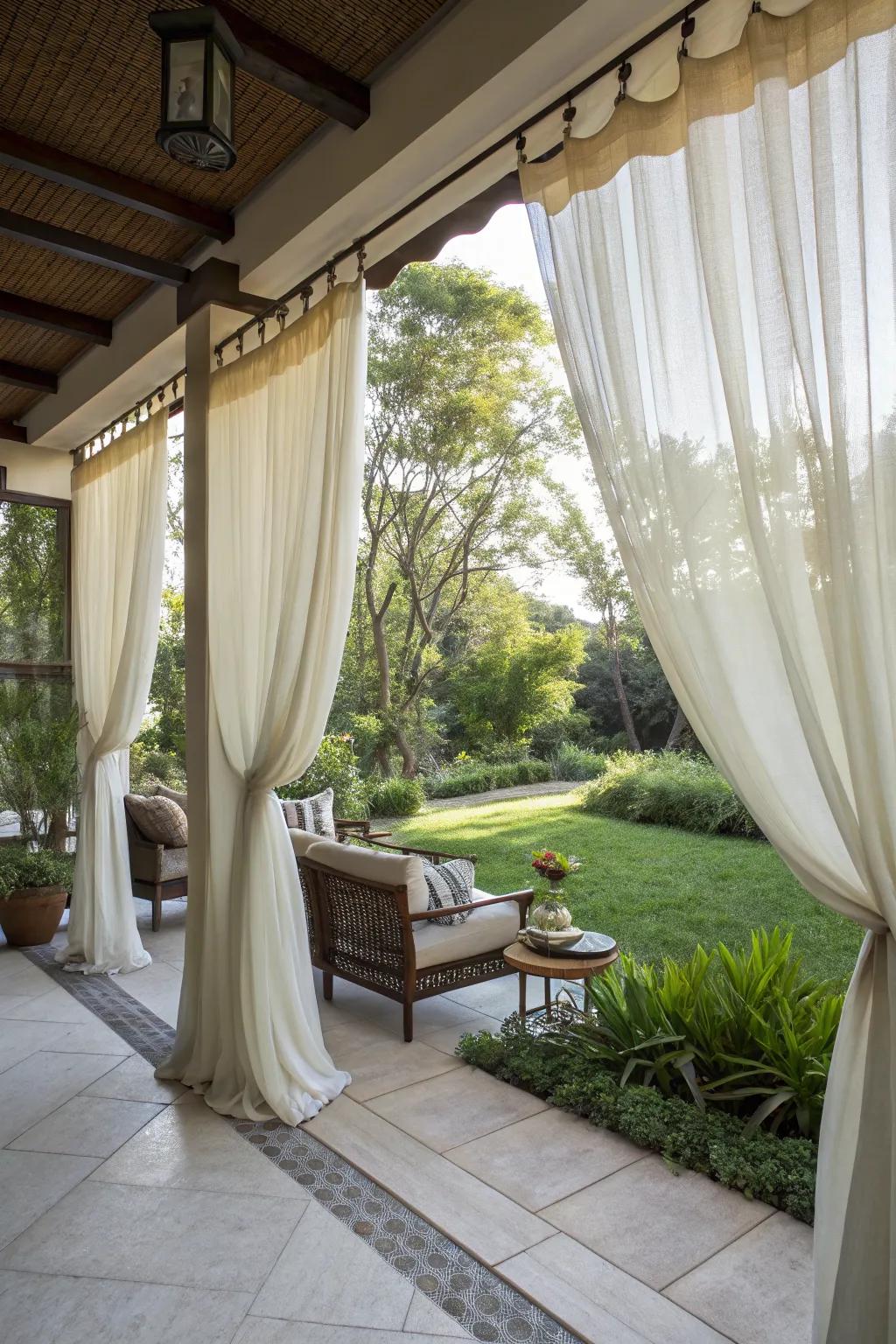 Outdoor curtains offer flexible shade and a touch of elegance to patios.