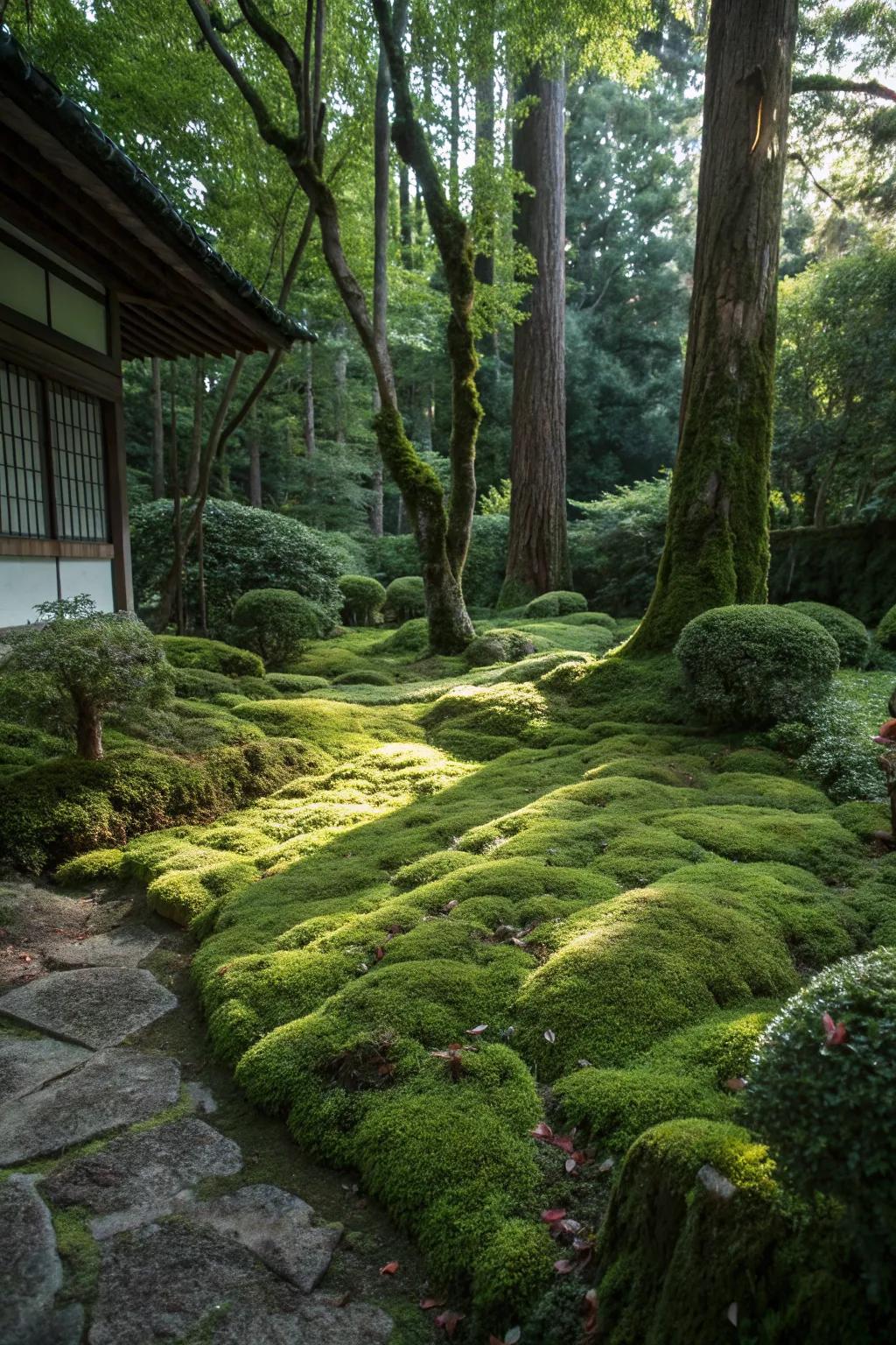 Moss adds a soft, enchanting touch to gardens.