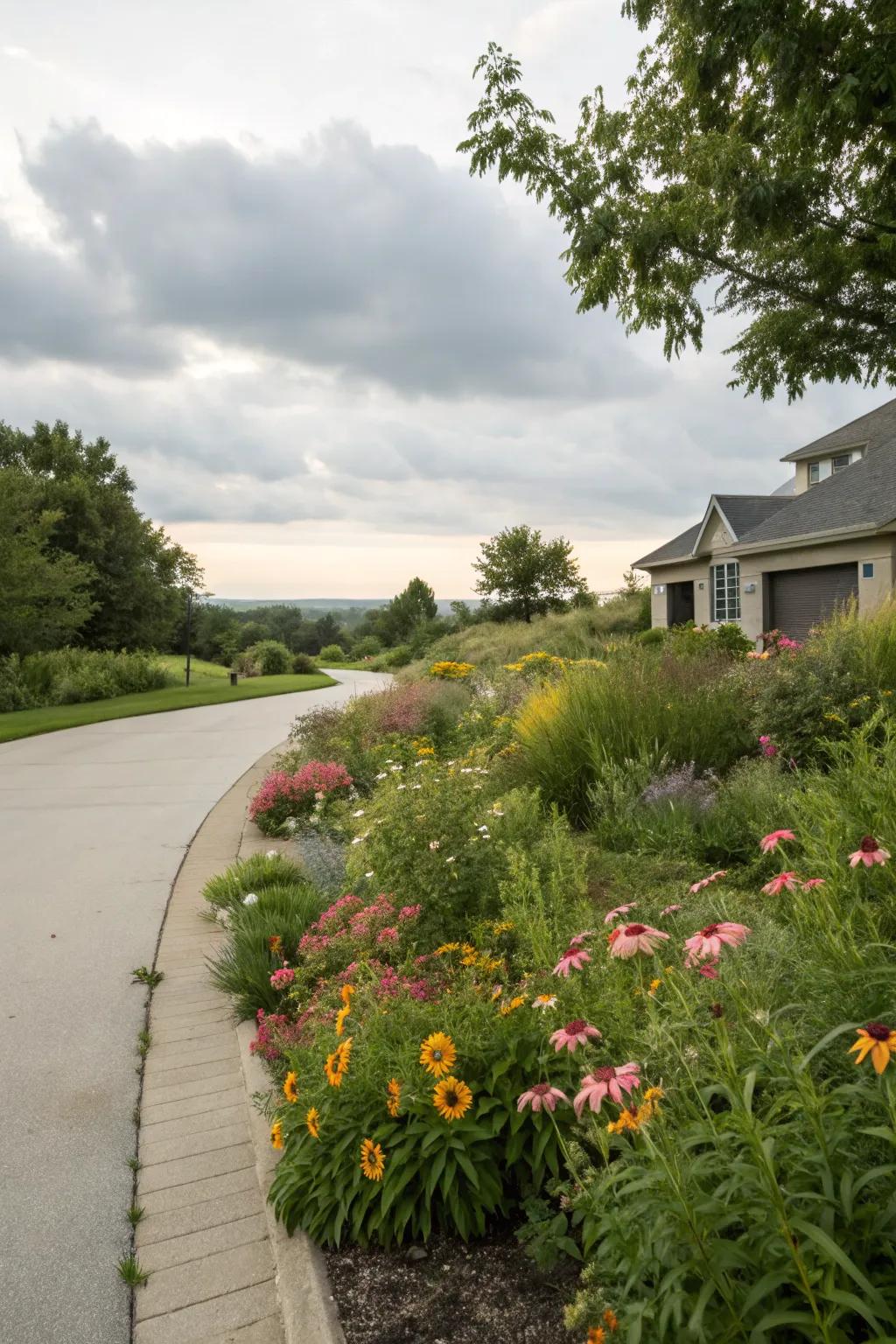 Rain gardens offer environmental benefits and enhance driveway aesthetics.