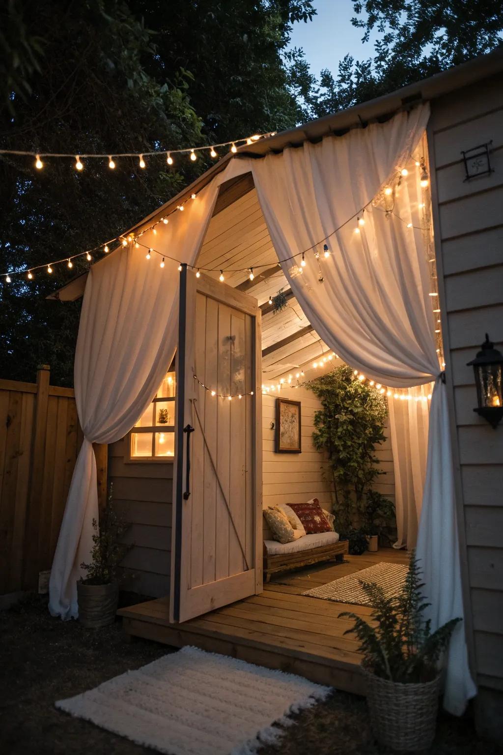A she shed with a dreamy, draped fabric ceiling.