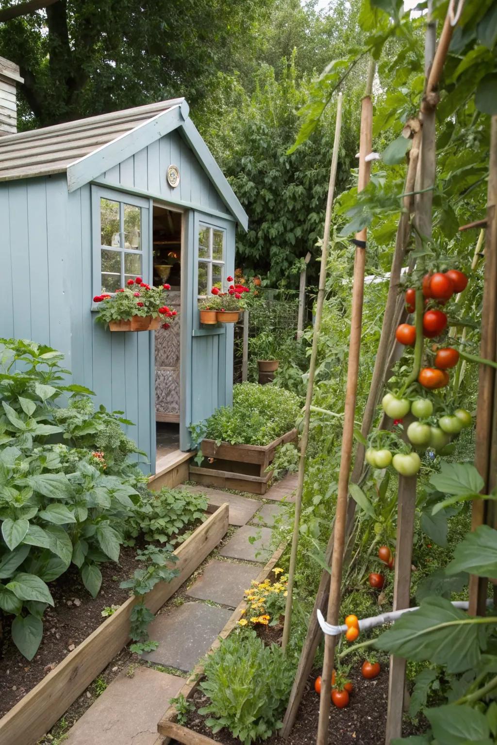 Edible landscaping combines beauty and practicality around your she shed.