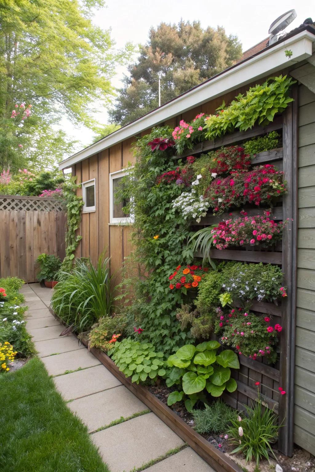 A vertical garden that adds lush greenery to your shed's exterior.