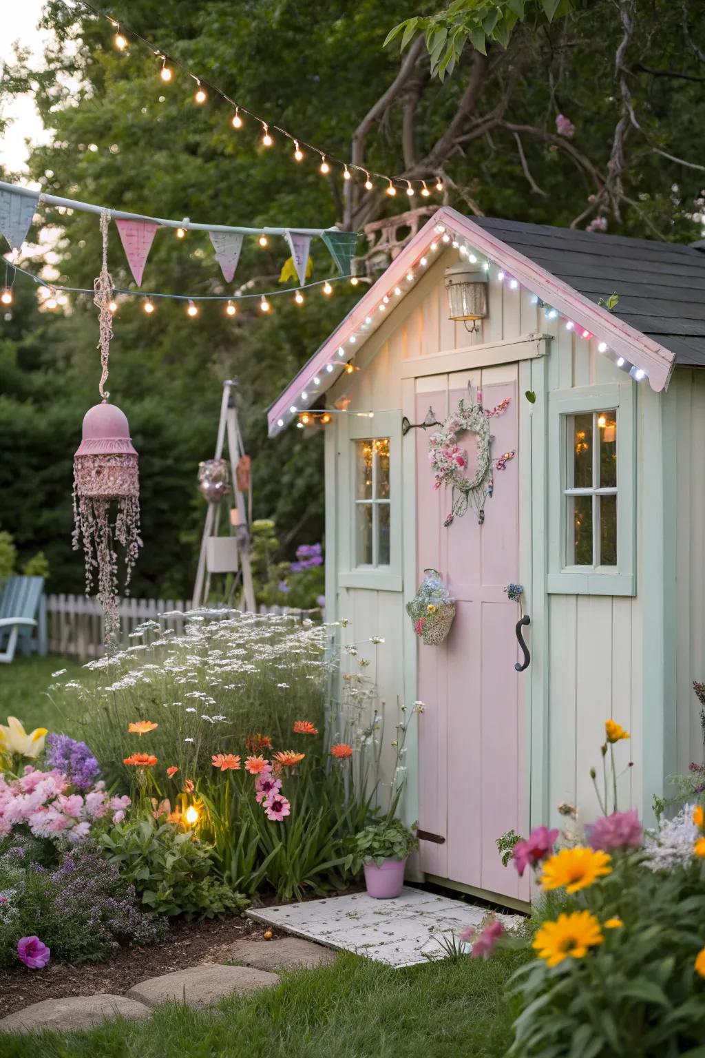 Pastel sheds create a whimsical and fairy tale-like garden atmosphere.