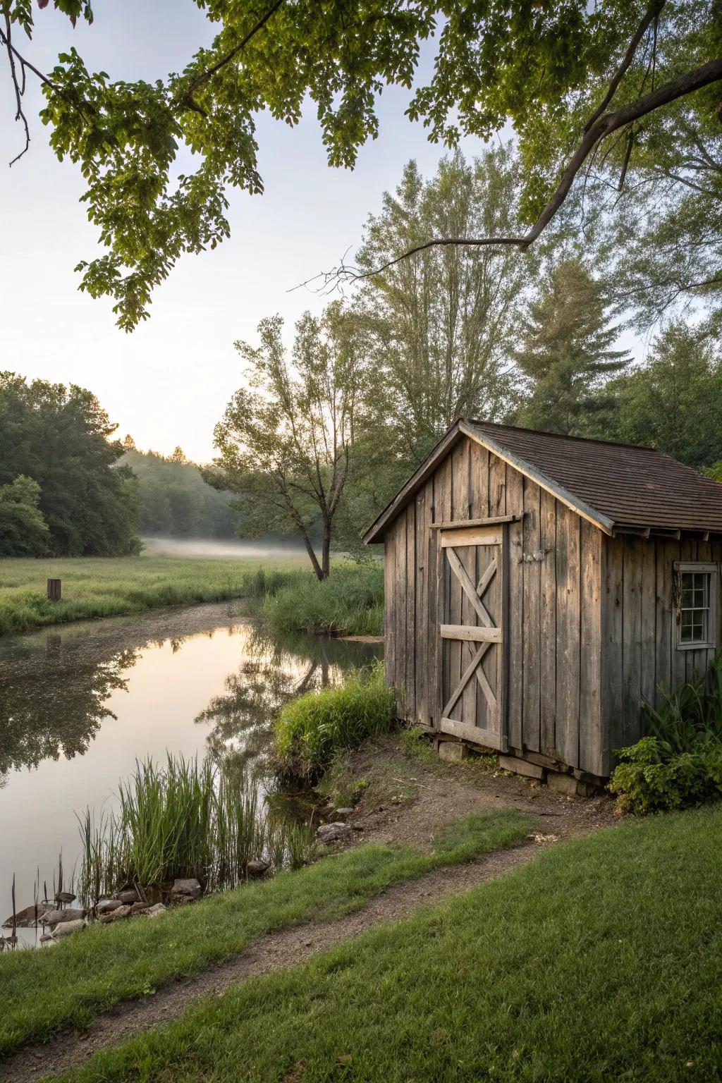 A shed beautifully complemented by a water feature.