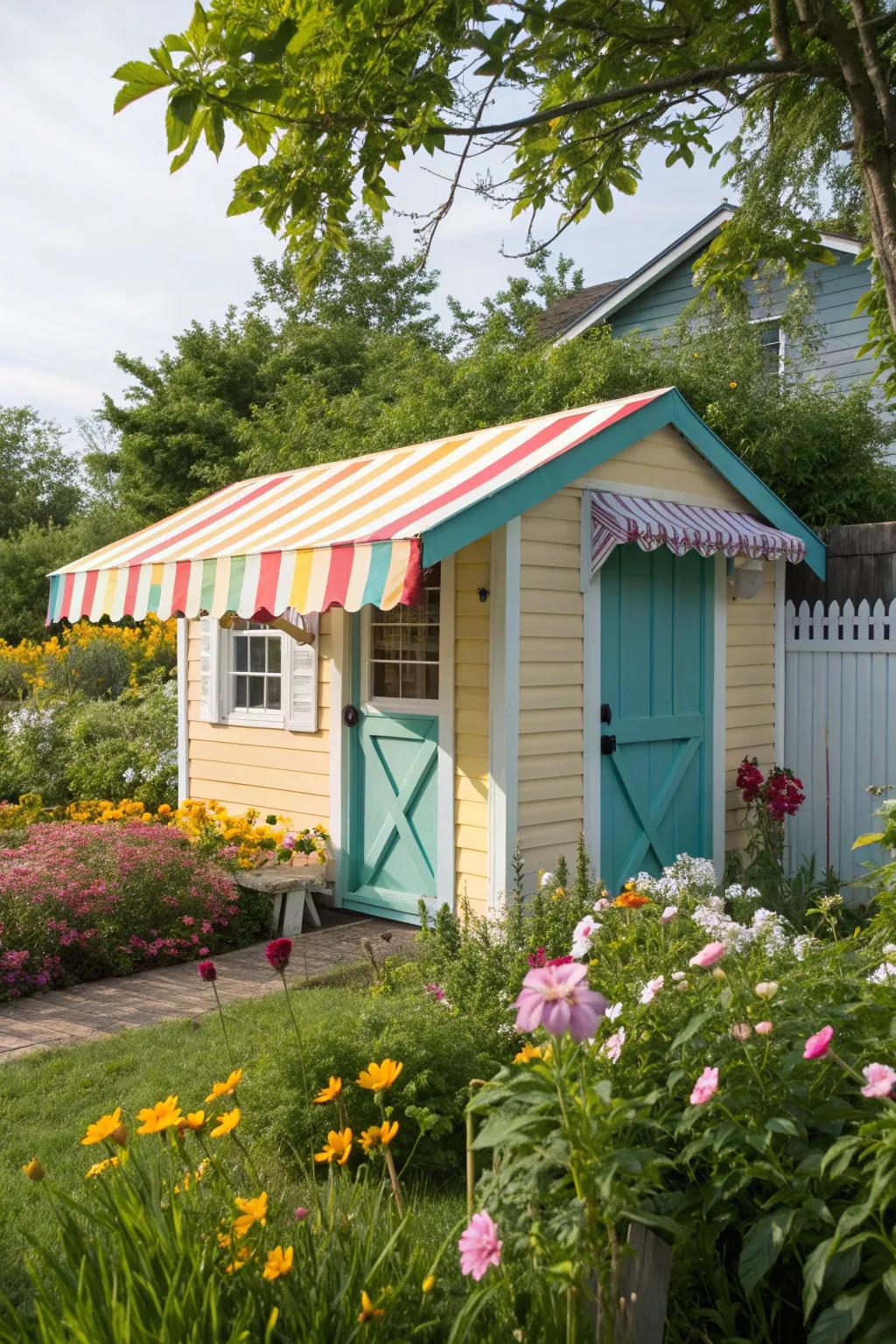 Shed with a colorful canvas awning in a bright and cheerful garden.