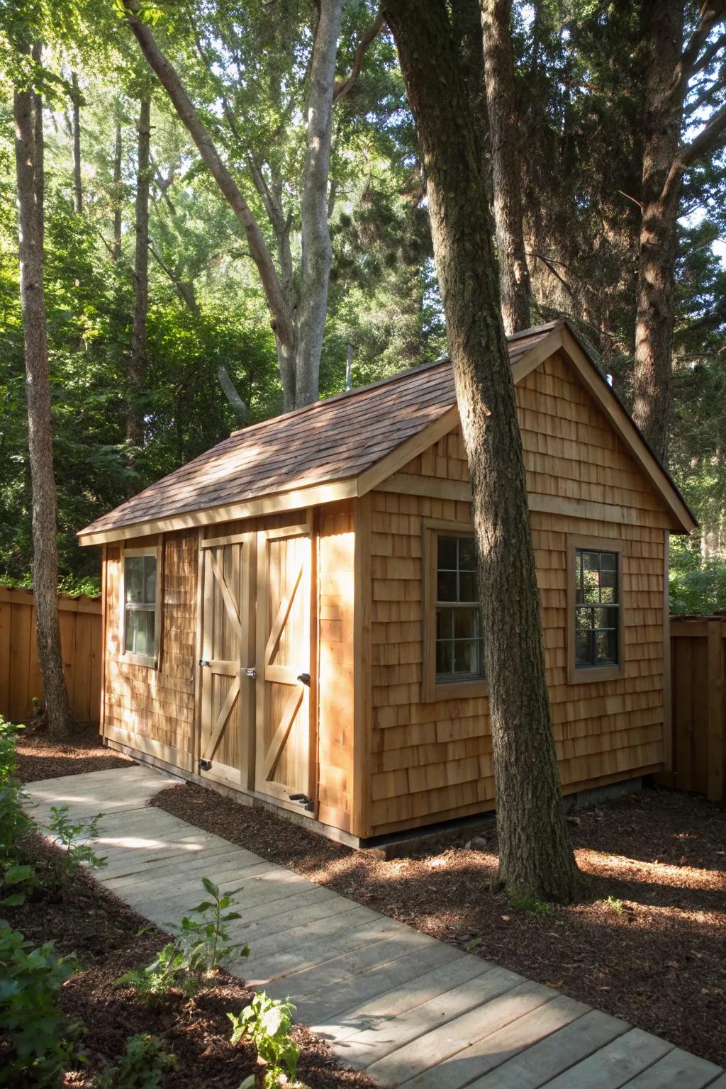 Natural wooden shingles add warmth and charm to any shed.