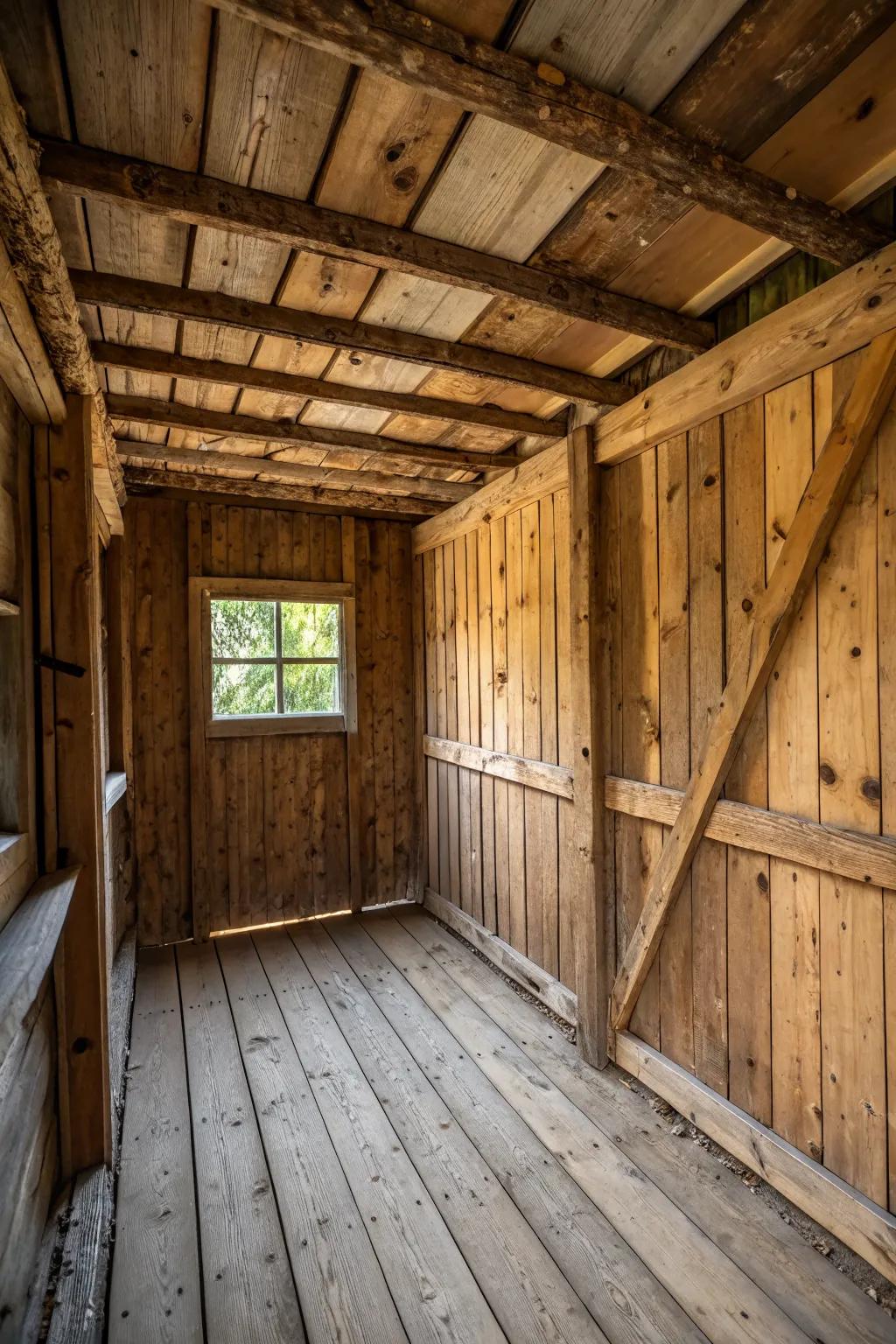 Reclaimed wood walls infuse a shed with rustic charm.