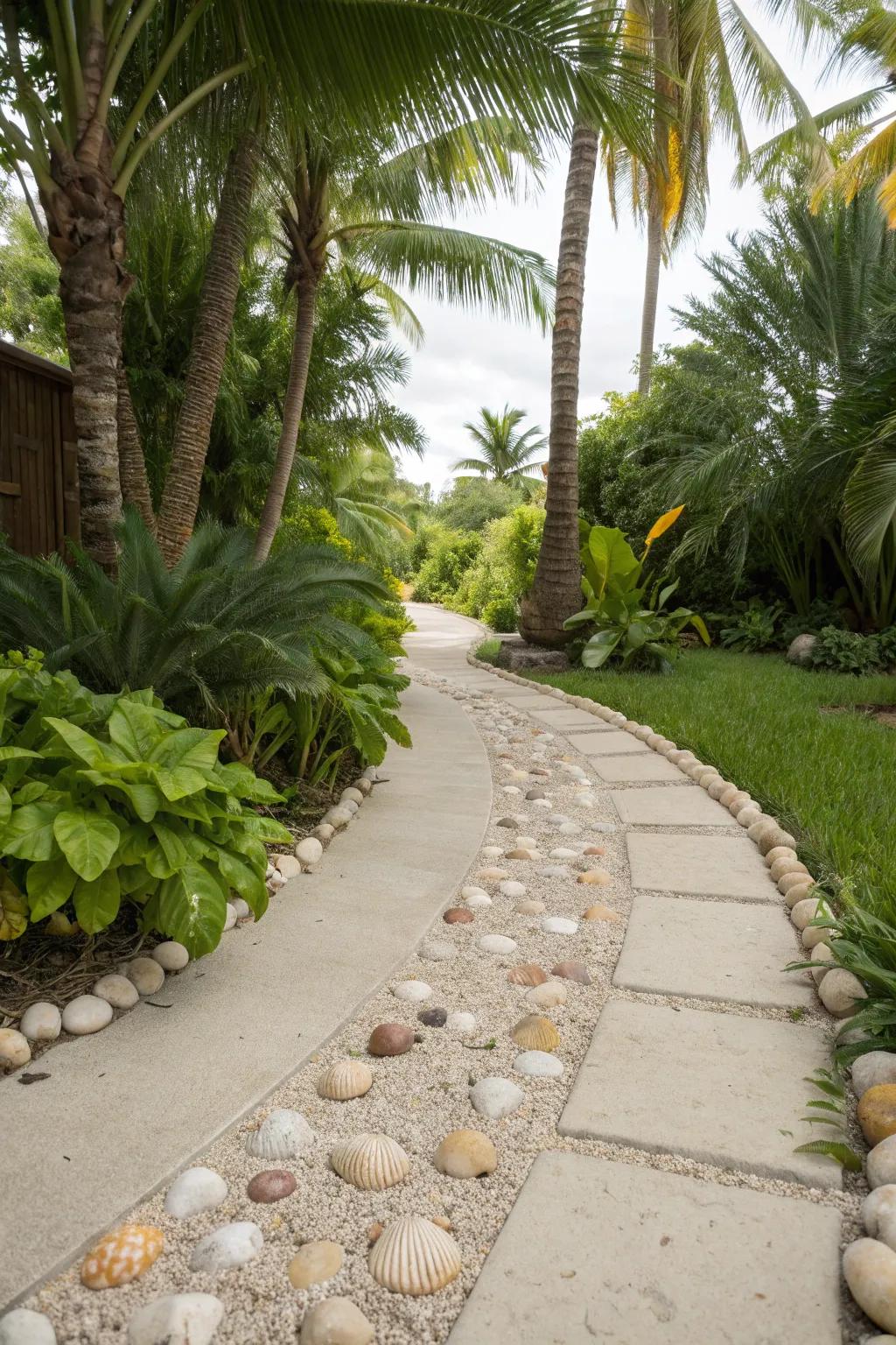 A tropical driveway with shells and palms for that island getaway vibe.