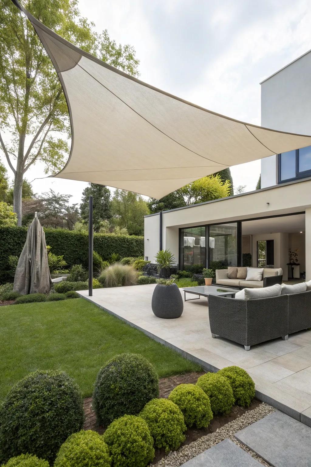 Sail shades offer contemporary garden shelter.