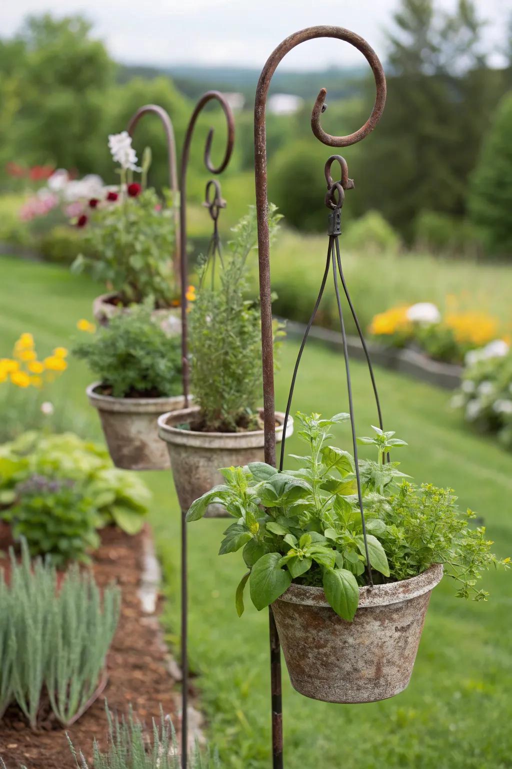 A hanging herb garden provides fresh flavors close by.