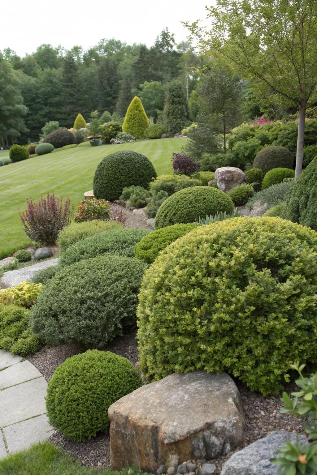 A garden with diverse shrub shapes for added personality.