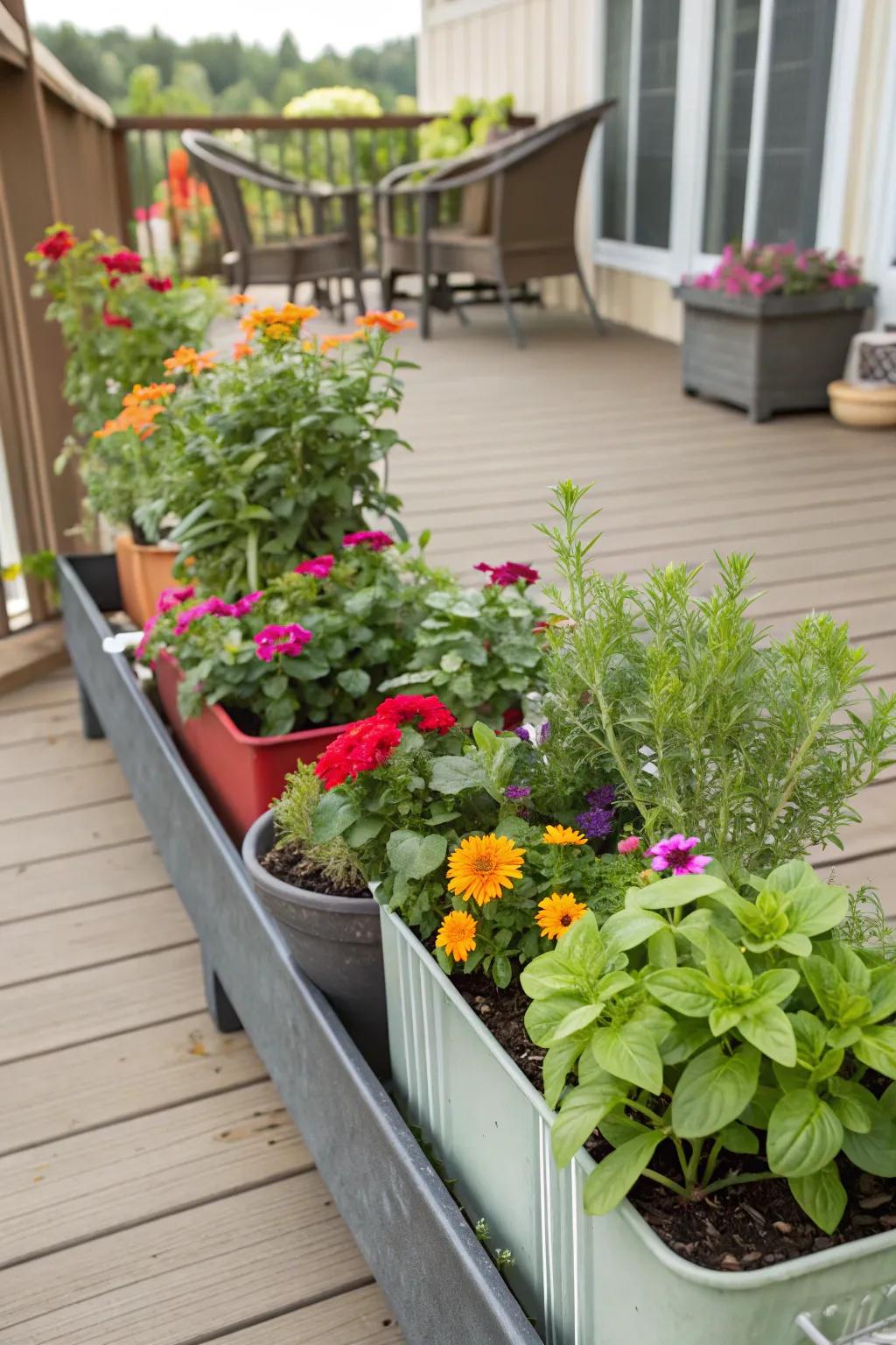 Colorful planters add vibrance and life to your side deck.