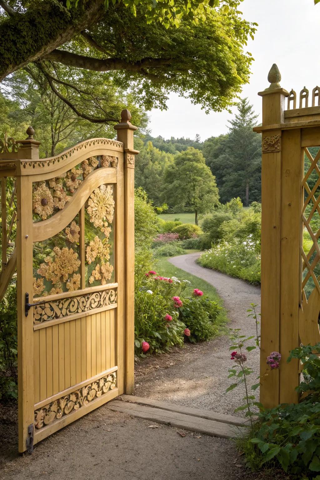 A decorative gate adds charm and intrigue to a side garden entrance.