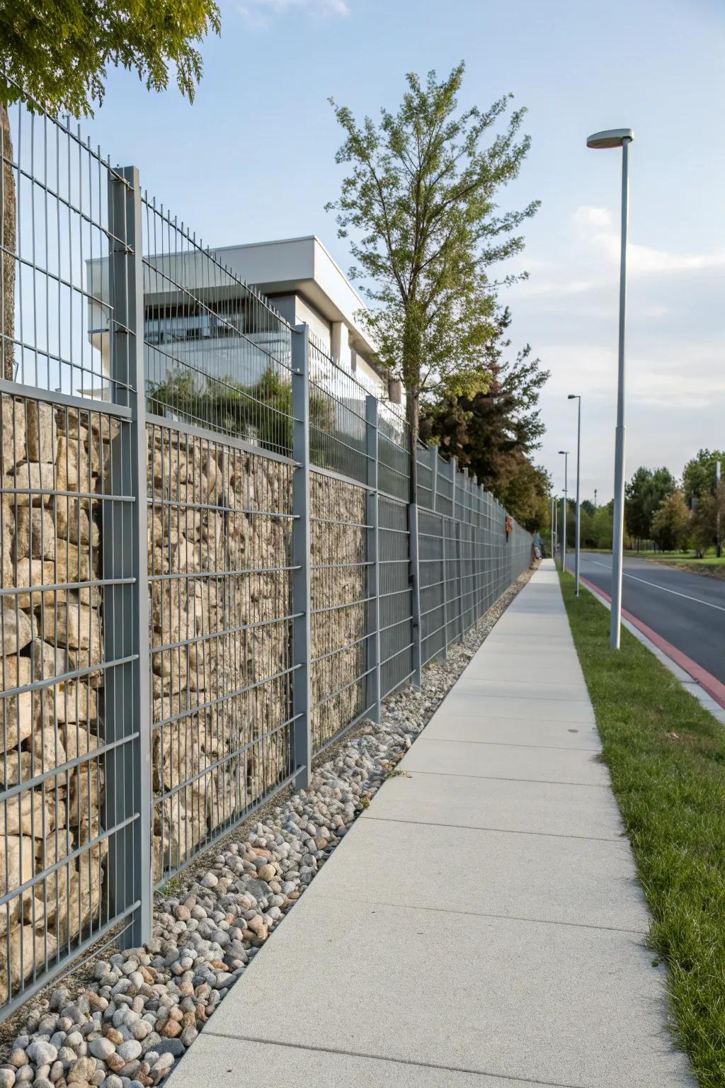 Gabion fences blend industrial style with natural elements.