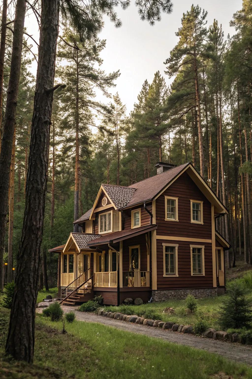 Brown siding with tan trim enhances a home's natural charm.