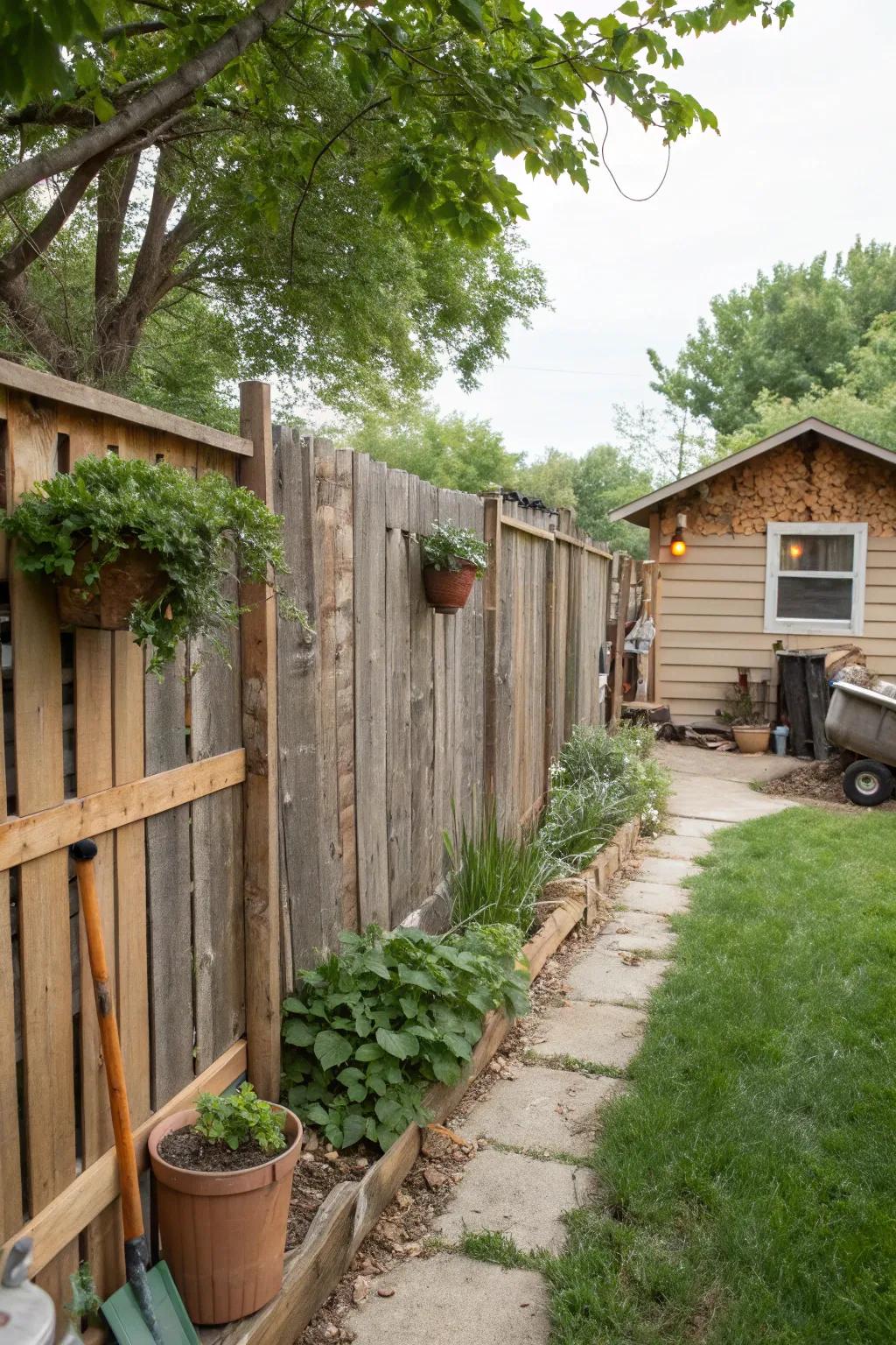 Repurposed materials can create a rustic and charming fence.