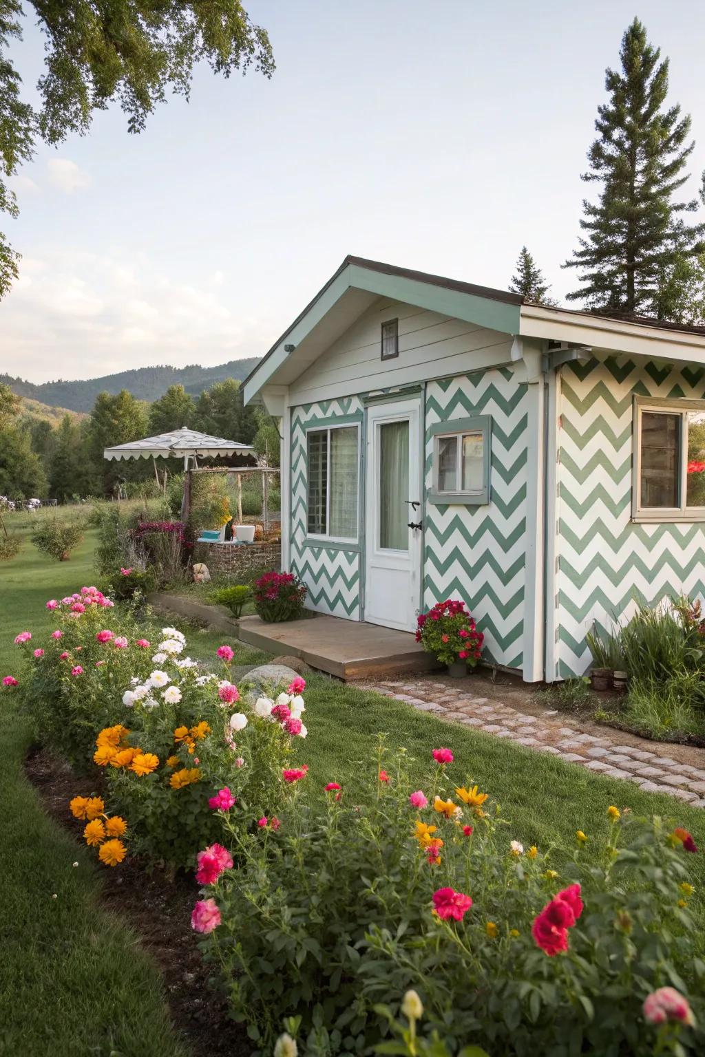 Patterned siding adds a whimsical touch to this guest house.