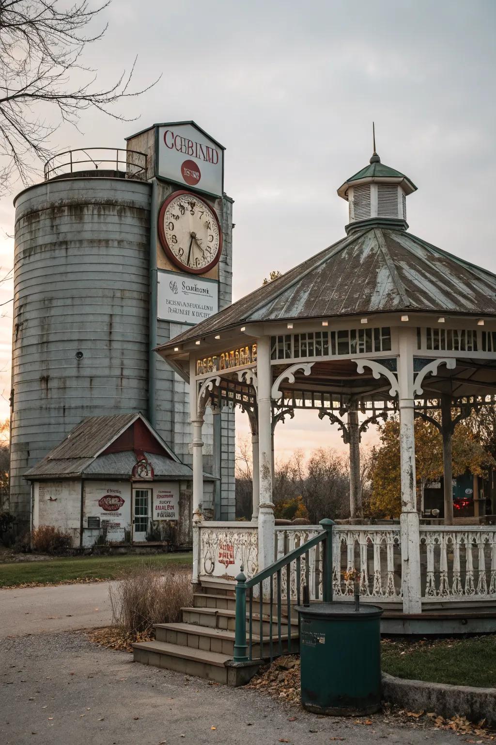 Vintage elements accentuate the charm of the silo gazebo.