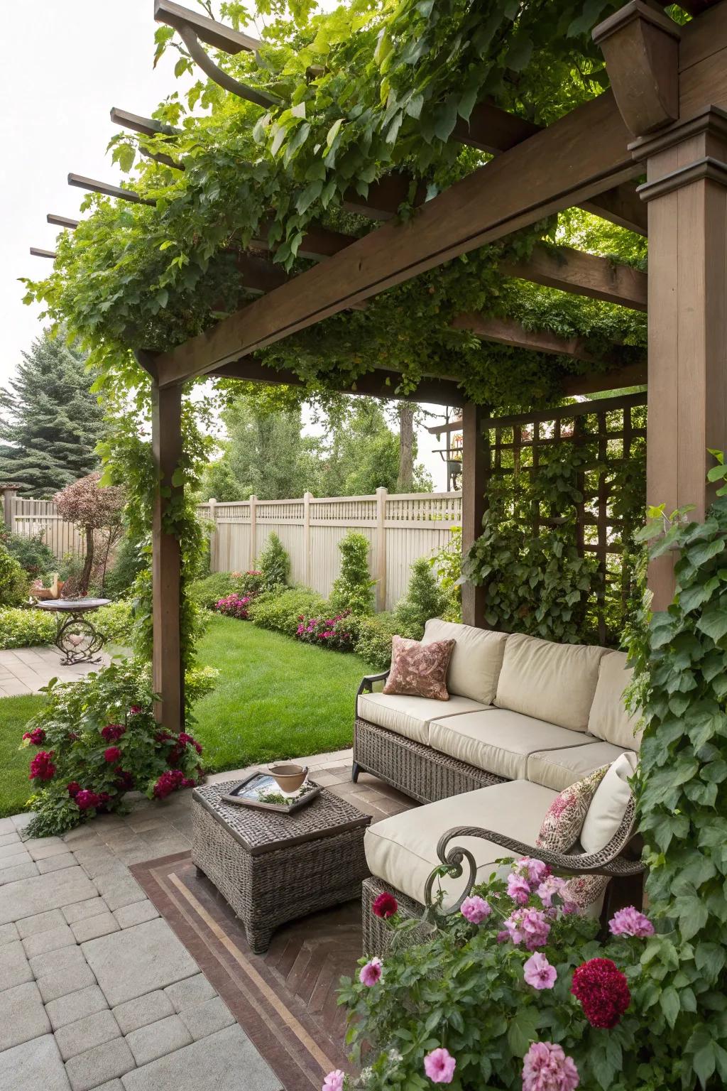 A pergola providing shade and elegance to a garden area.