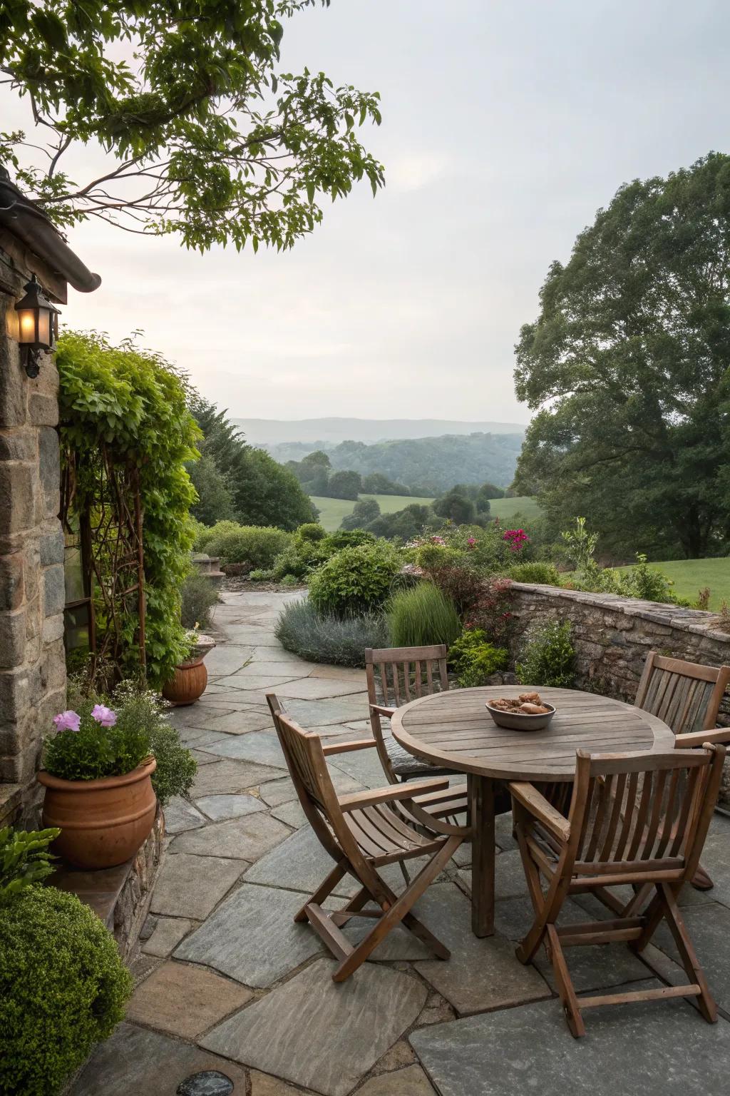 Natural materials like wood and stone enhance the patio's charm.