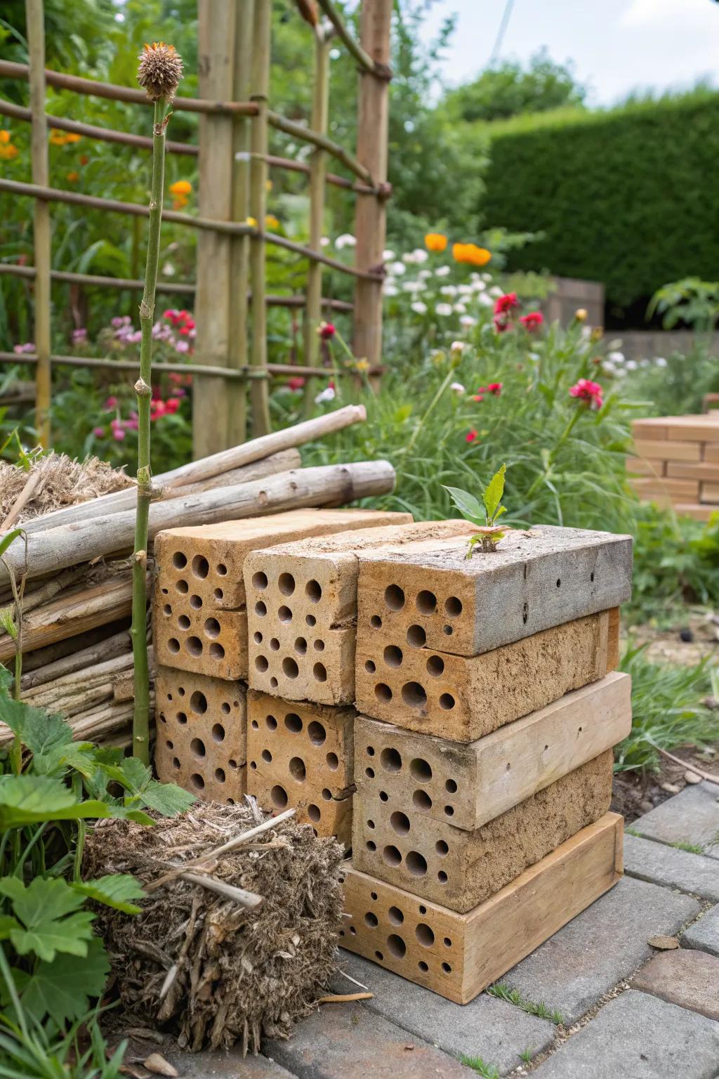 A sturdy brick bug hotel in a community garden.
