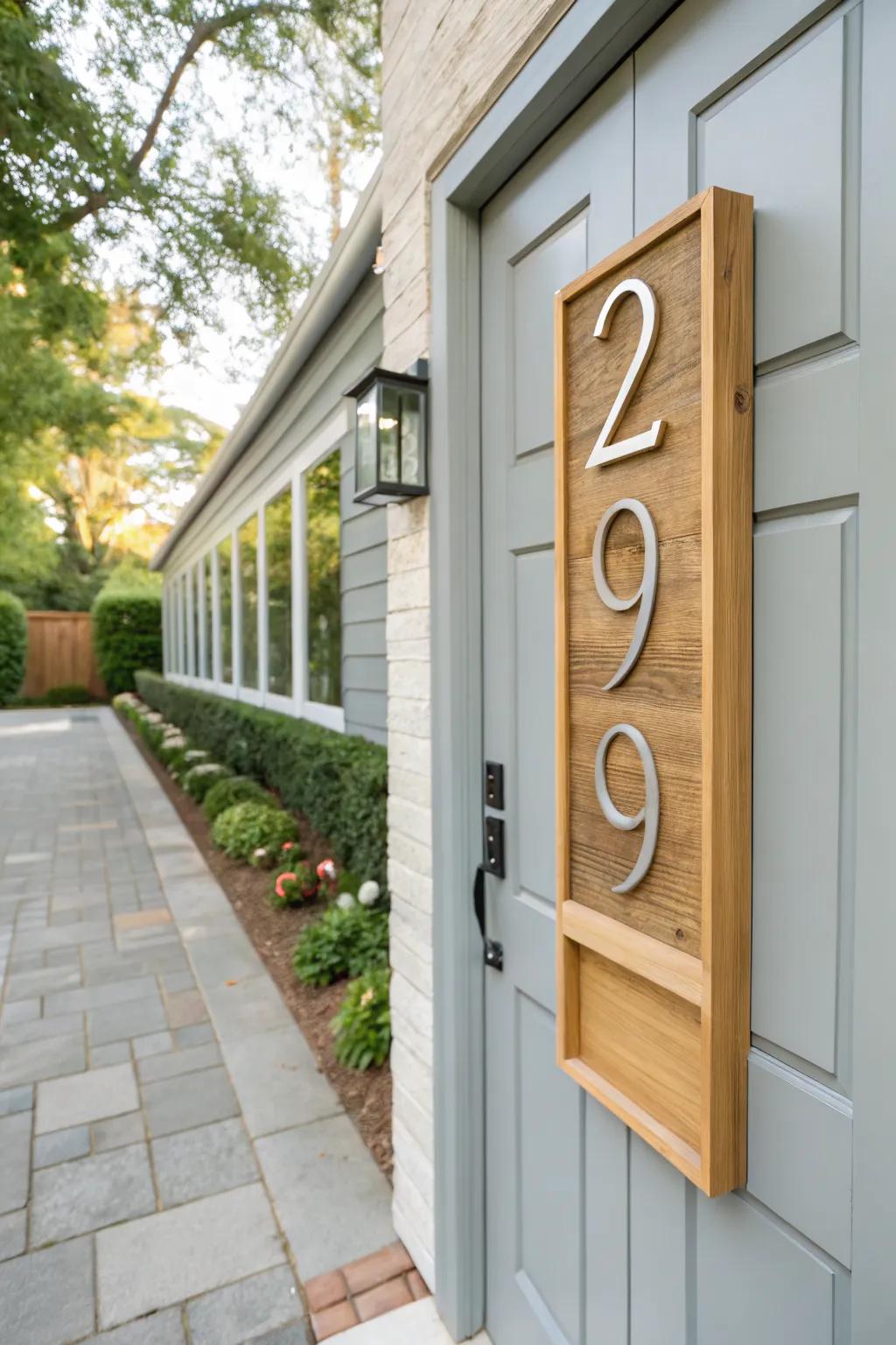 A unique wooden house number display adds charm.
