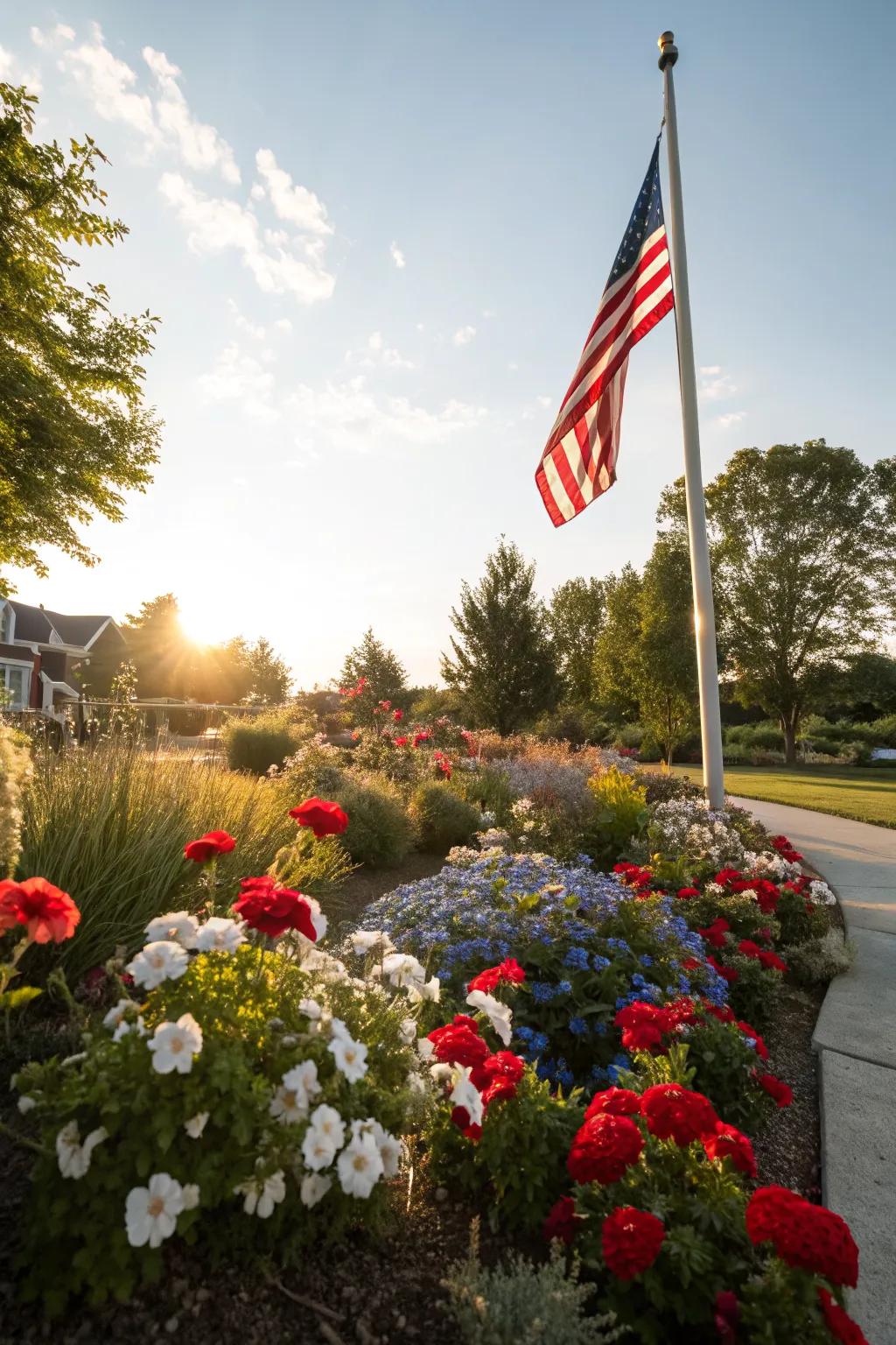 Patriotic blooms add a vibrant tribute to your flagpole setting.