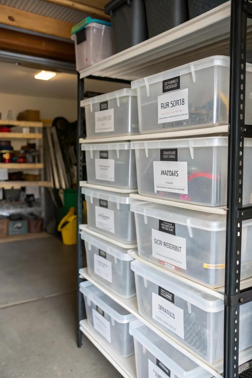 Clear bins with labels enhance organization and accessibility.